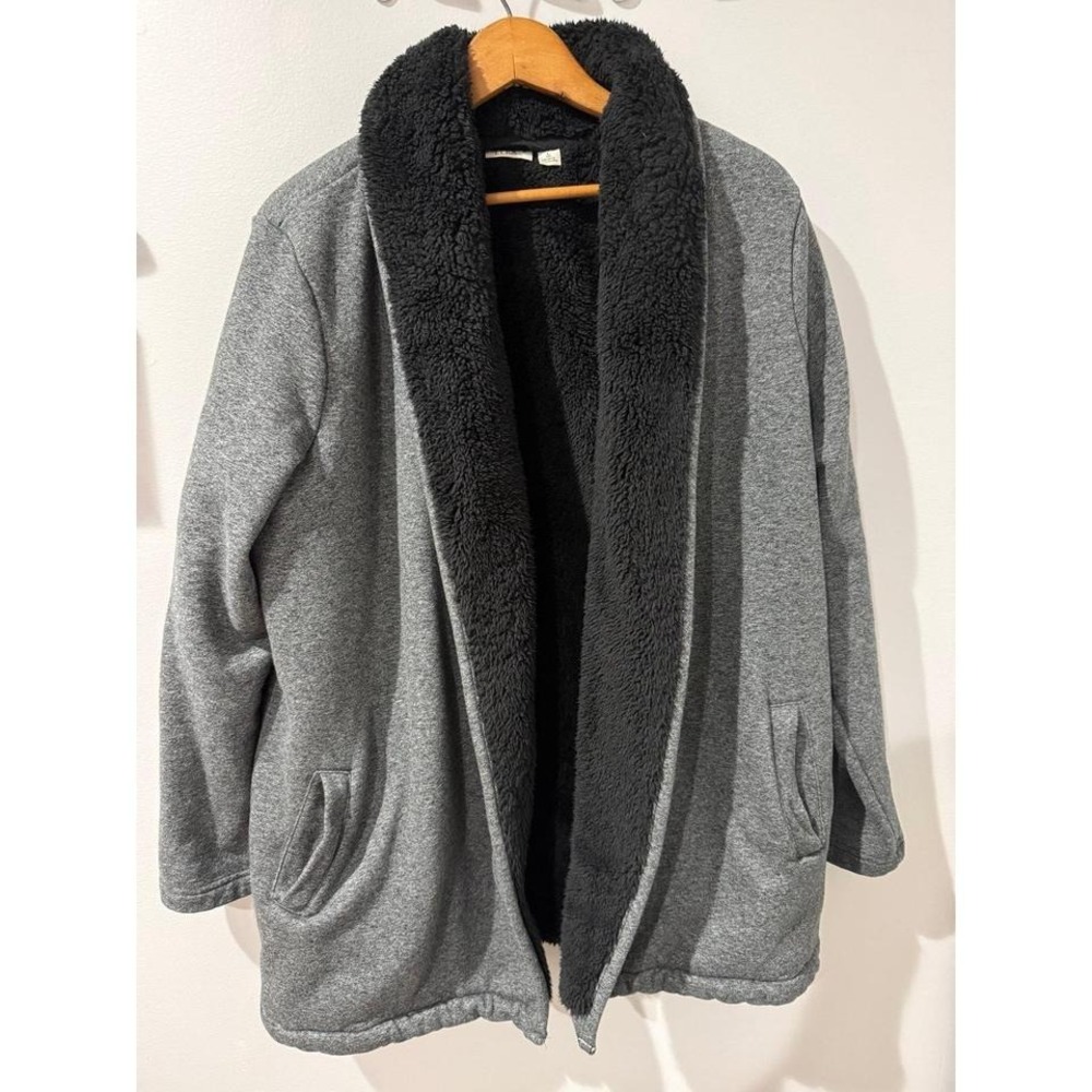 LL BEAN Sherpa-Lined Cozy Cardigan Jacket Women's L Gray & Black‎ #505470